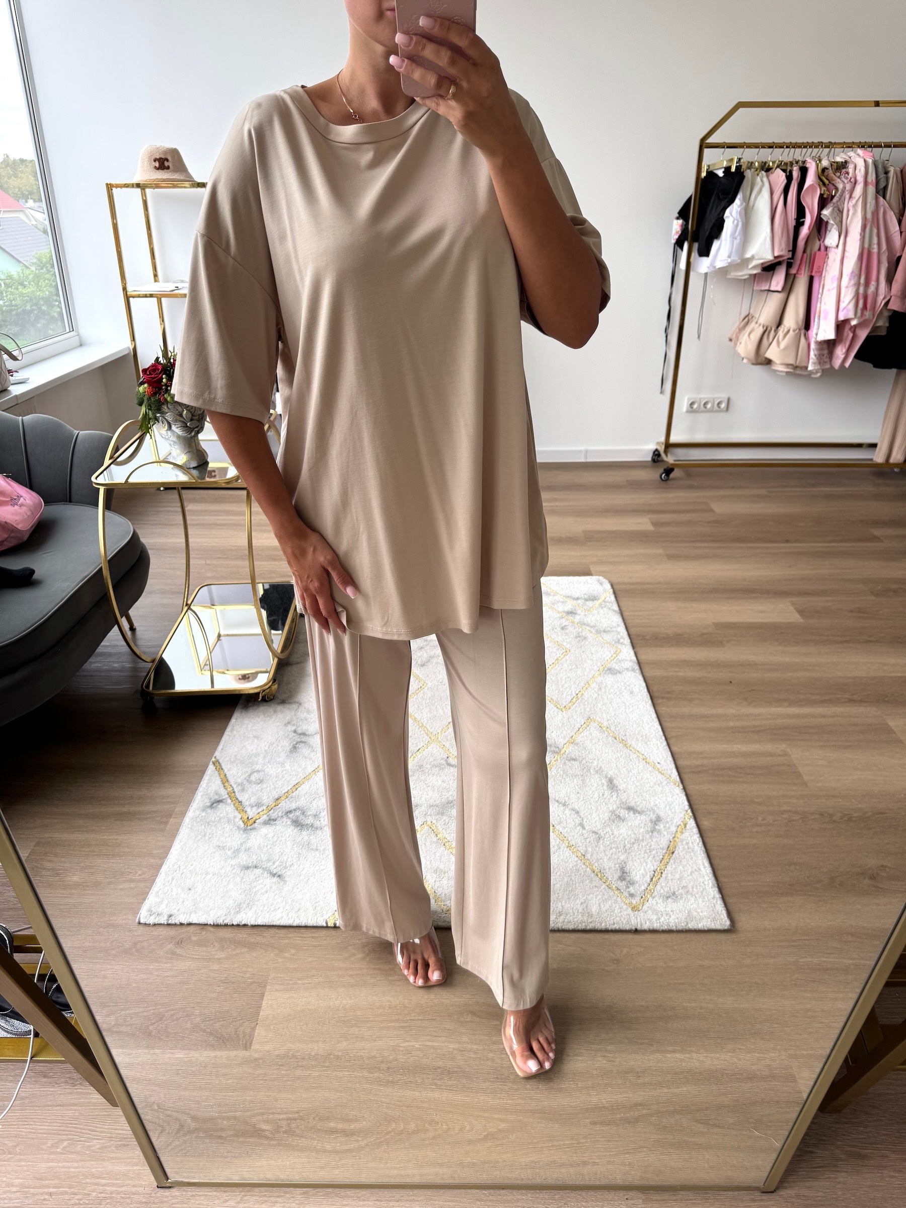 Smėlinis laisvalaikio komplektas su plačiomis kelnėmis moterims KAMA shop