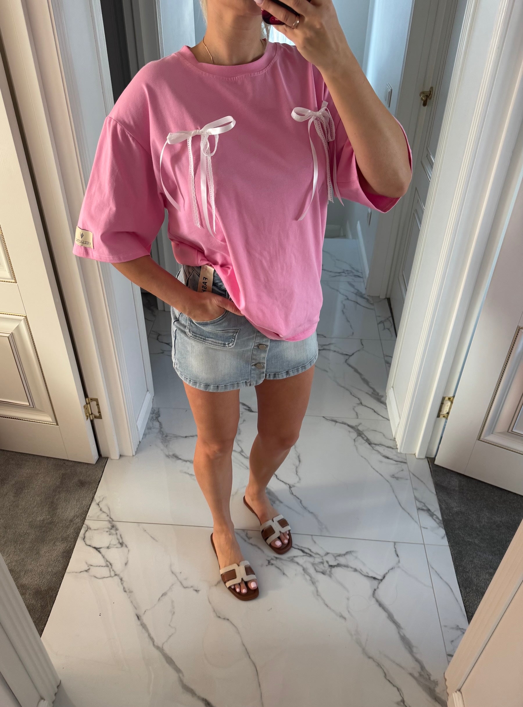 rožiniai oversized moteriški marškinėliai su kaspinėliais KAMA shop