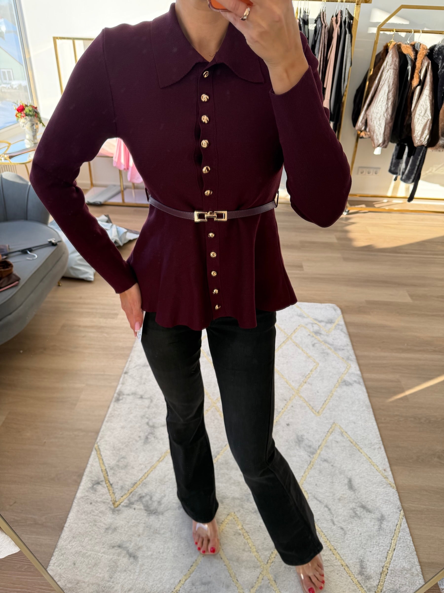 Moteriška bordo elegantiška palaidinė su dirželiu KAMA shop
